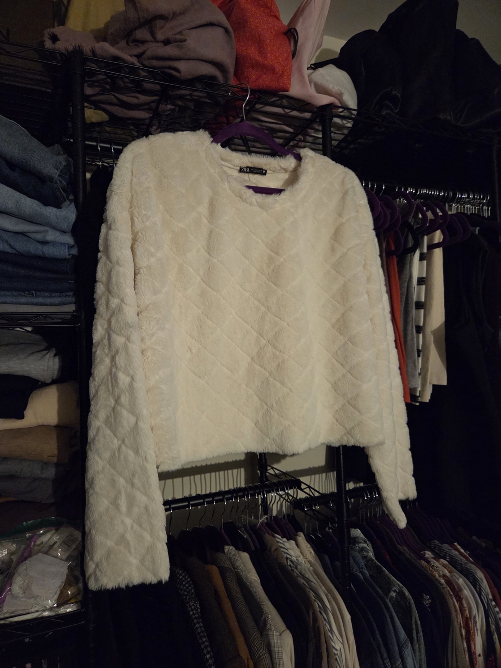 Zara Cream Faux Fur Crewneck Sweater